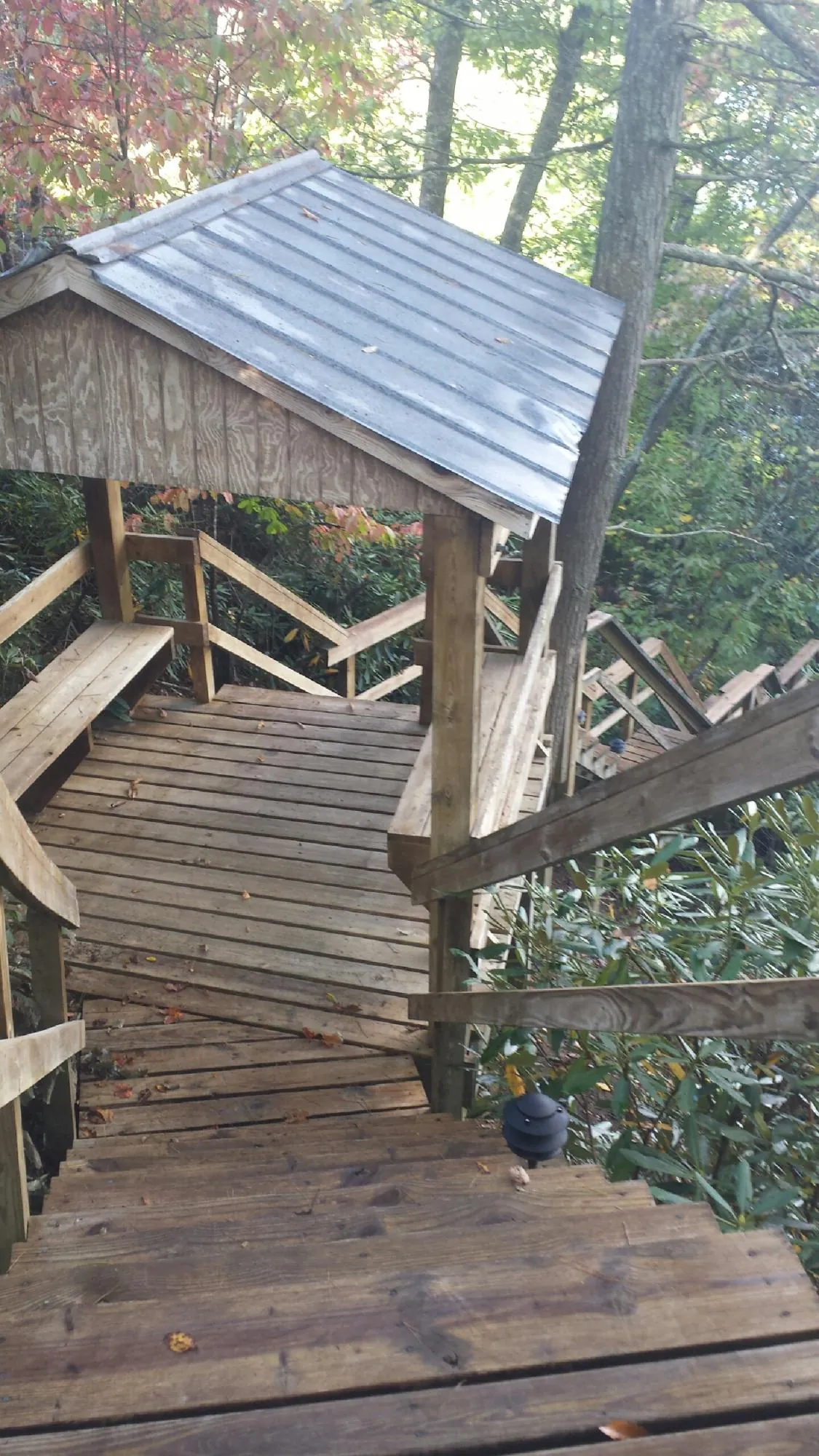 Metal roofed shelter over wooden steps on a wooded walkway — Skylight Repair & Installation work by our crew in Pleasanton